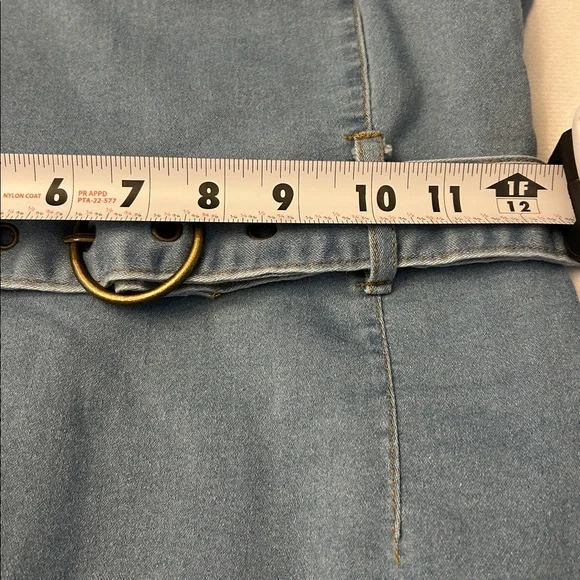 Light Blue Denim Mini Dress With Adjustable Straps and a Belted Waist Size S - Picture 7 of 14